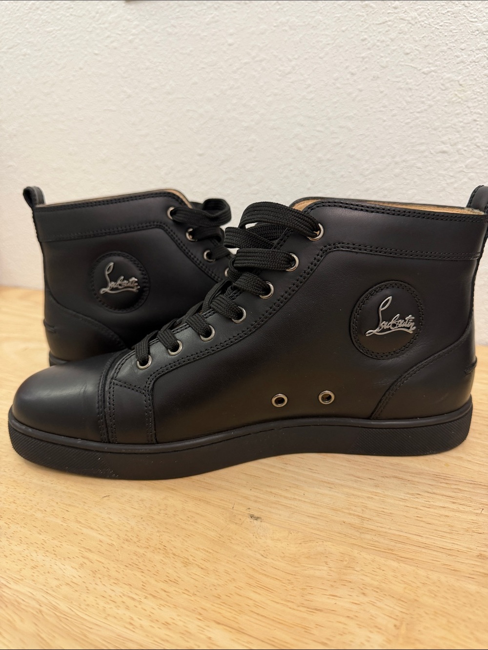 Christian Louboutin Men’s Black Leather High-Top Sneakers with Logo Patch - Picture 1 of 12